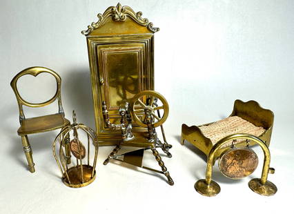 Miniature Doll House Accessories & Furniture Made From Folk Art Brass: This is a fascinating lot of miniatures all appealingly made from brass. Appear to be from the early 20th century. They are very intricately made. Included are bed, wardrode, spindle wheel, fire place