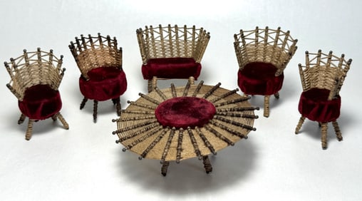 Miniature Doll House Velvet & Thread Folk Art Chairs Tramp Art