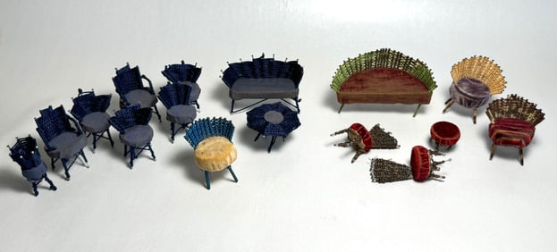 Miniature Doll House Velvet & Thread Folk Art Chairs Tramp Art