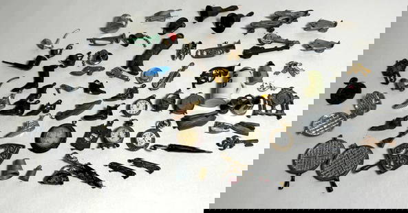 Mixed Lot of Miniature Doll House Accessories & Charms: This is a very eclectic lot of miniatures. A lot of shoes, clocks and instruments. Most are white metal.