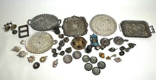 Mixed Lot of Miniature Doll House Silver Filigree Folk Art