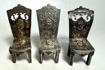 English 800 Silver Repose Parlor Chair Doll House Miniature Lot of 3