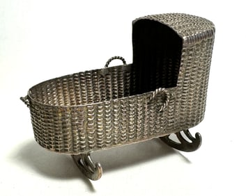 Vintage 18th Century Dutch Paulus Soomer Silver Doll House Miniature Repose Wicker Baby Cradle