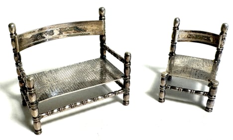 Vintage Silver Doll House Miniature Repose Settee Set