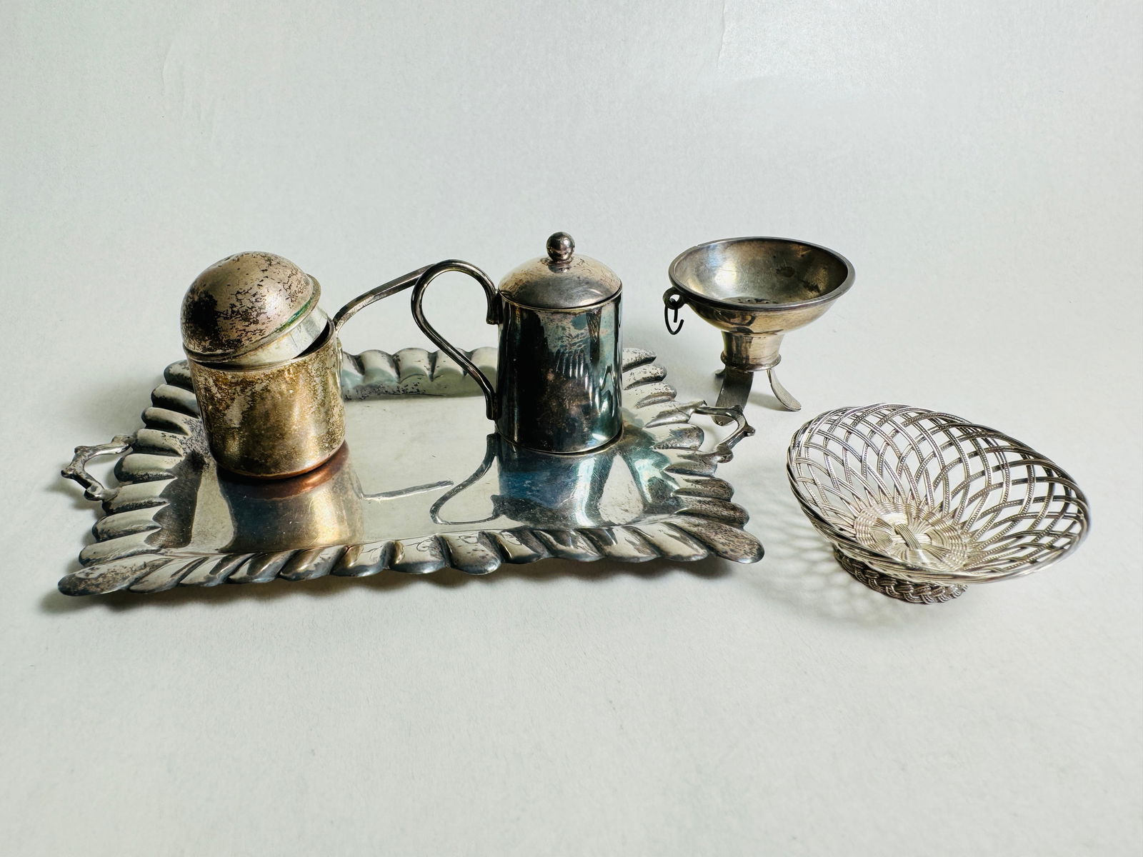 Vintage Silver Doll House Miniature Sterling Table Accessories: This is an extremely finely crafted doll house miniature lot made of sterling.