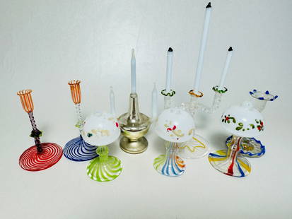 Vintage Doll House Miniature Murano Glass Candle & Lamp Lot: This is an extremely finely crafted doll house miniature lot. All appear handmade. Probably Italian, Venetian.