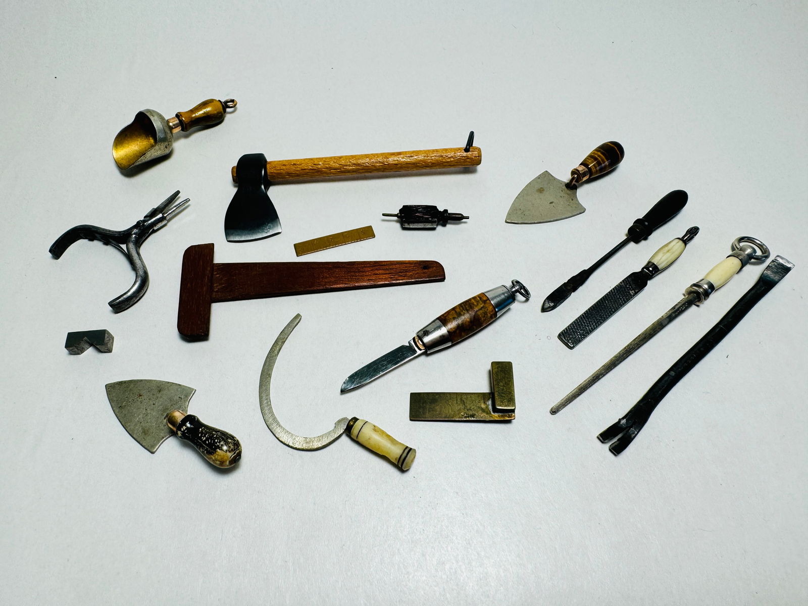 Vintage Dollhouse Miniature Hand Tool Charms: This is a very nice miniature lot. Most appear to be made wood, metal and bone.