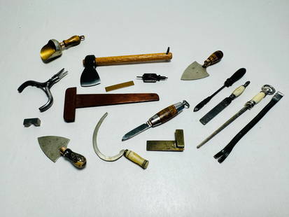 Vintage Dollhouse Miniature Hand Tool Charms: This is a very nice miniature lot. Most appear to be made wood, metal and bone.