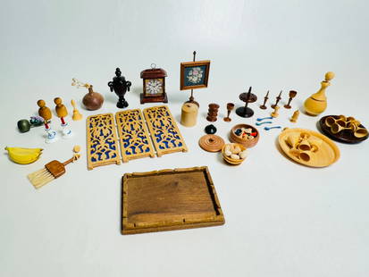 Vintage Dollhouse Miniature Accessories Made of Wood: This is an utterly incredible lot. Comes with everything shown