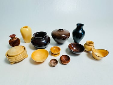 Vintage Dollhouse Miniature Accessories Artist Signed Wood Turned Bowls & Vases