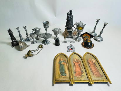 Vintage Dollhouse Miniature Lot of Religious Articles: This is an very nice lot with an extensive array of finely detailed articles. Most appear to be made of pewter or another white metal.