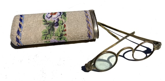 1800s Victorian Beaded Spectacles Case & Eye Glasses