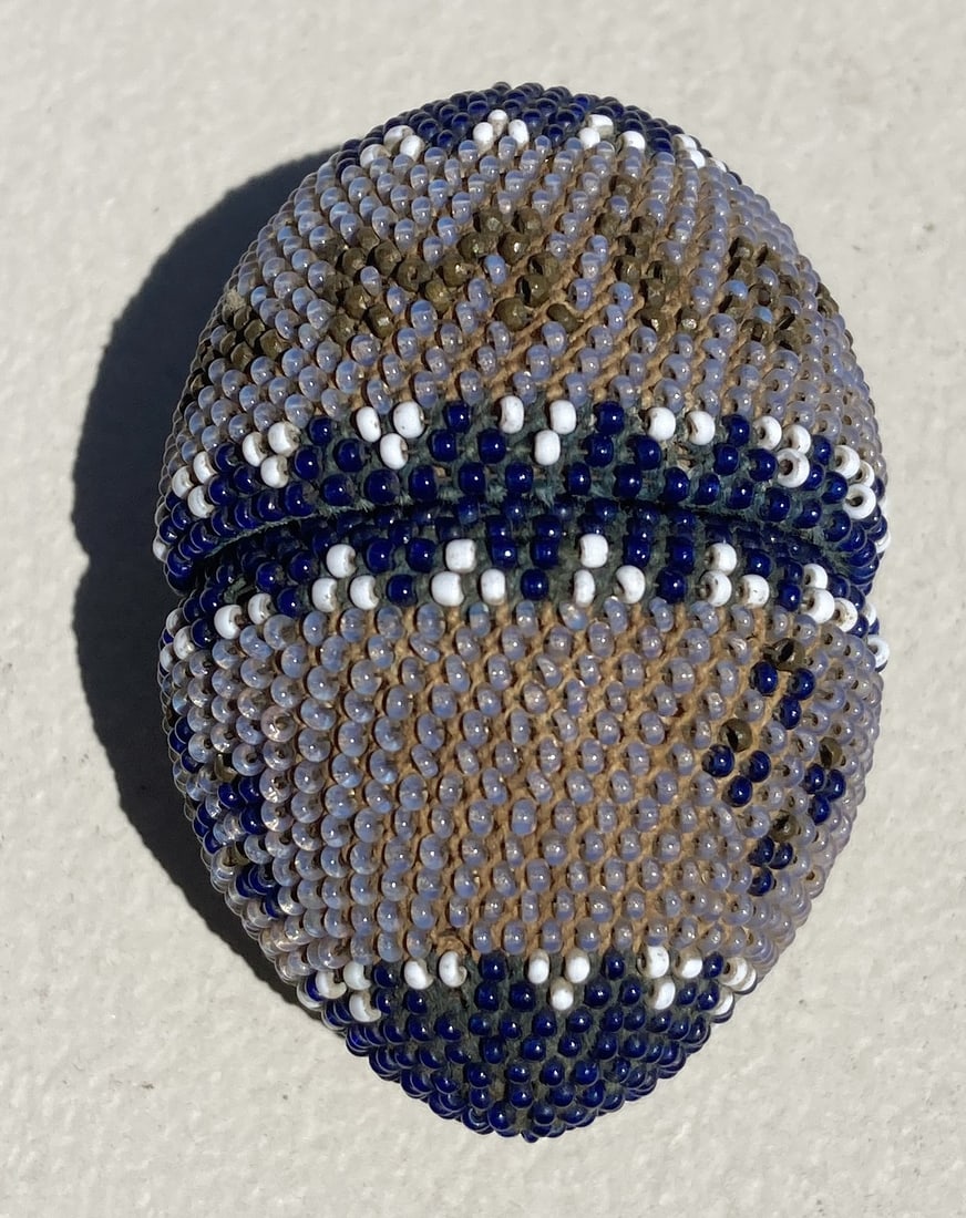 1800s Victorian Beaded Wood Treen Egg Case: This is a very nice vintage piece. It is very old and shows some wear.