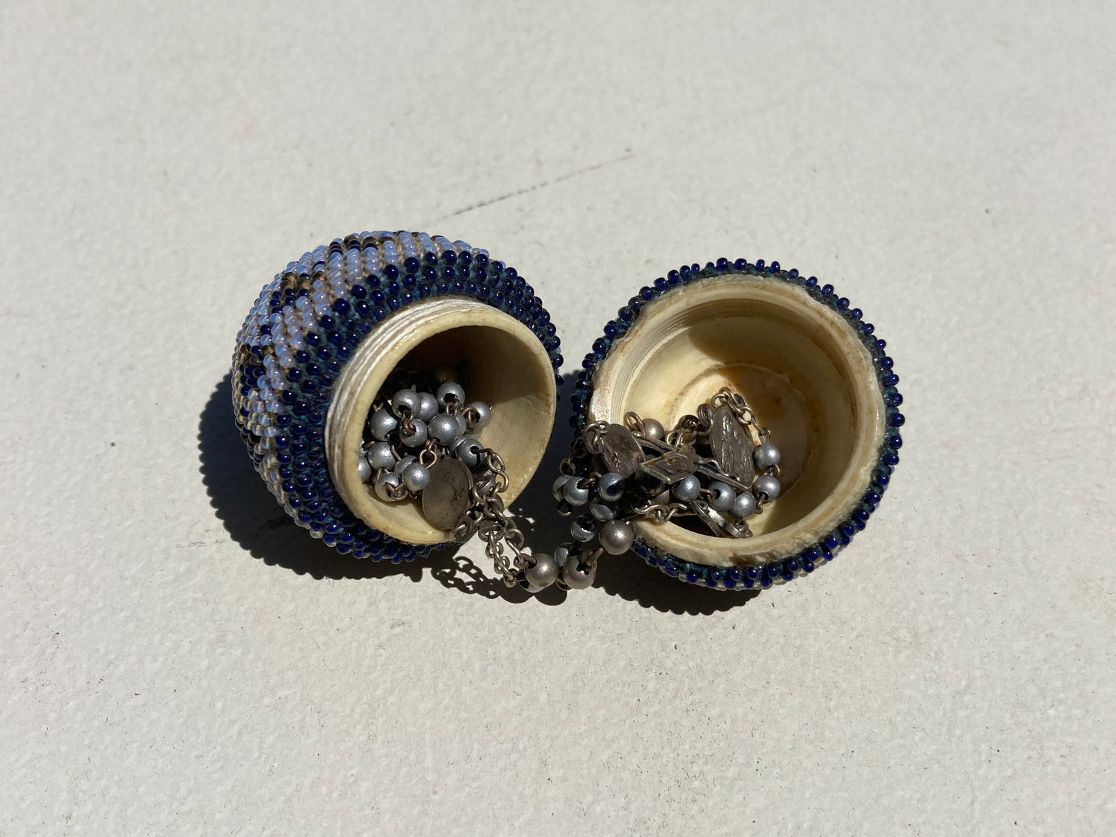 1800s Victorian Beaded Wood Treen Egg Case: This is a very nice vintage piece. It is very old and shows some wear.