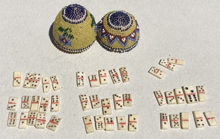 1800s Victorian Beaded Wood Treen Egg Case w/ Dominoes