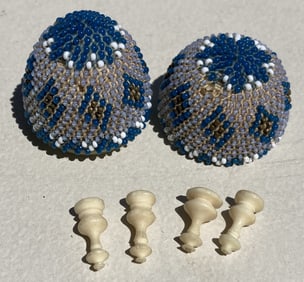 1800s Victorian Beaded Wood Treen Egg Case w/ Game pieces.