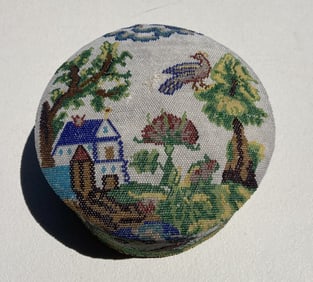 1800s Victorian Beaded European Folk Art Lidded Basket