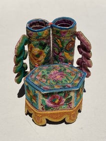 1800s Victorian Beaded Chinese Folk Art Vase Jewelry Box