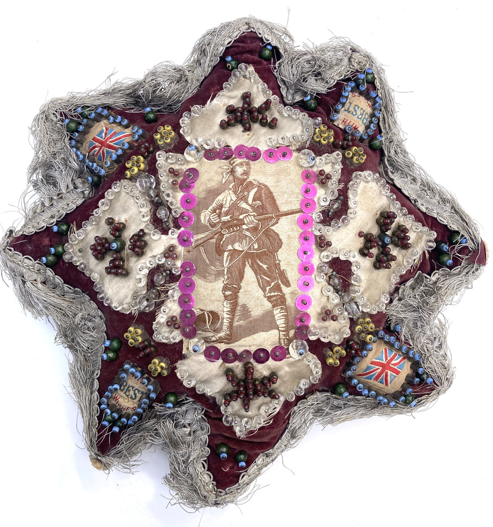 Victorian Era British South Africa Zulu Military Beaded Souvenir Commemorative Pillow: This is a very nice vintage piece. The soldier appears to be wearing a uniform for South Africa similar to the Zulu campaign.