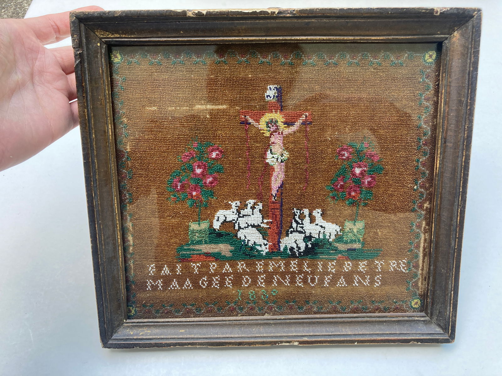 Early Beaded French Religious Christian Crucifix Sampler (1 of 5)