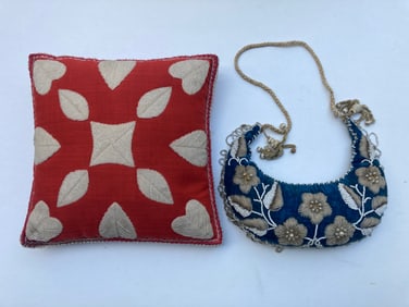 Lot of 2 Early Beaded Beadwork Decorative Pillows