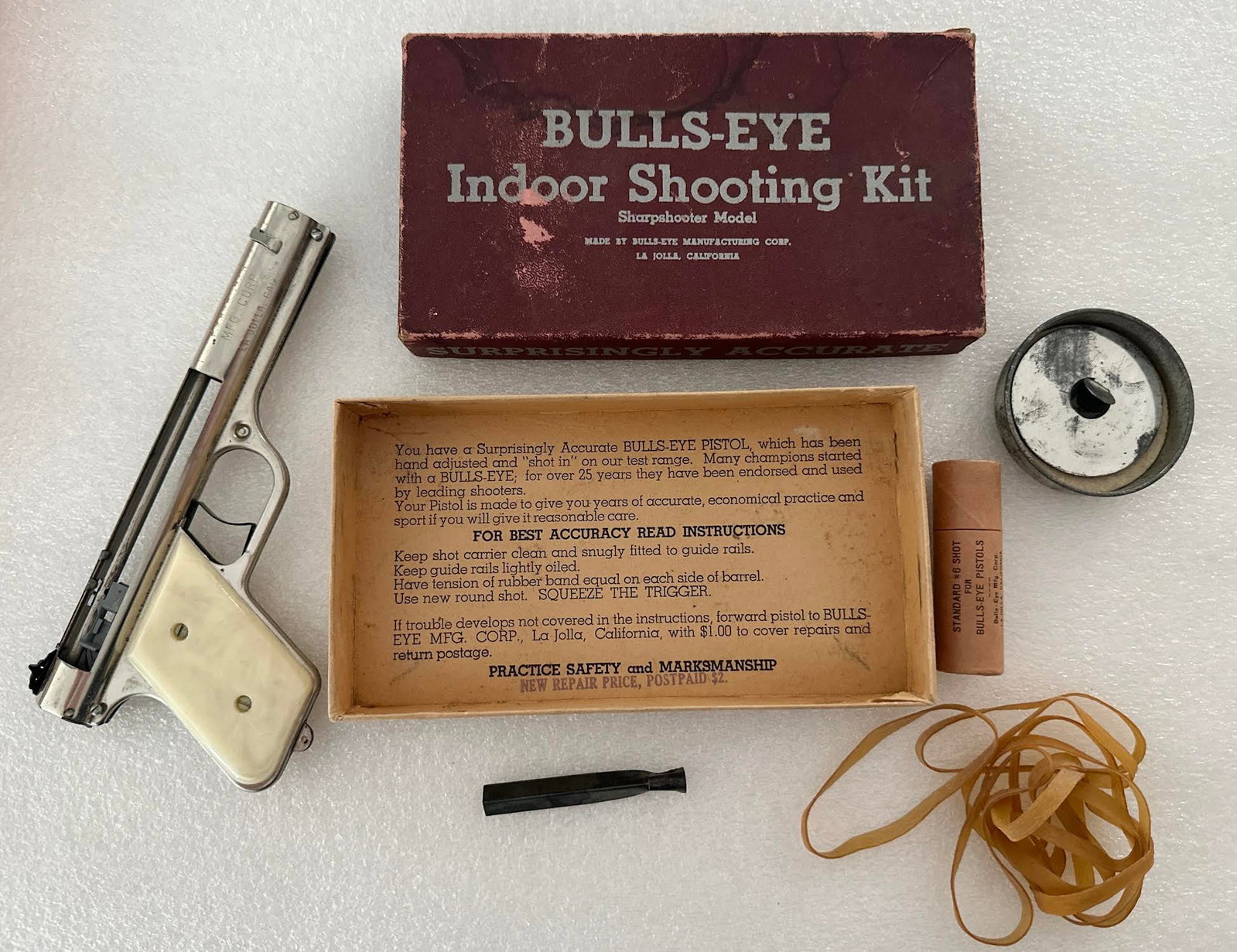 Vintage Bullseye Indoor Shooting Kit Rubberband Pistol in Box: Vintage Bullseye Indoor Shooting Kit Rubberband Pistol in Box...Nice original condition with box.