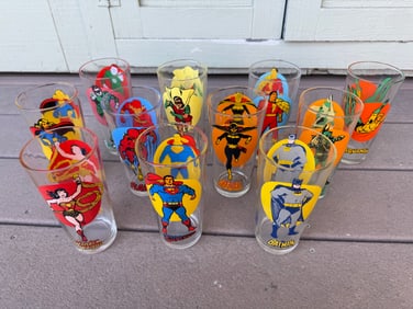 12 Piece Pepsi DC Superhero Collector Pint Glass Set from 1970s