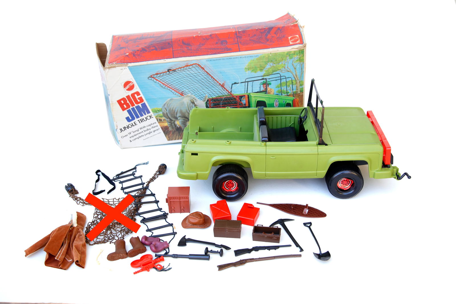 Mattel Big Jim Jungle Truck #2 w/ Accessories: PLEASE NOTE: In the images there is a net accessory. THAT ITEM IS NOT INCLUDED. After the pictures were taken, it was discovered that it went with another lot, so it was removed from this.Nice set. Se
