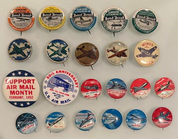 Lot of 22 Vintage Aviation Airplane Pinbacks Buttons Bond Bread & Others