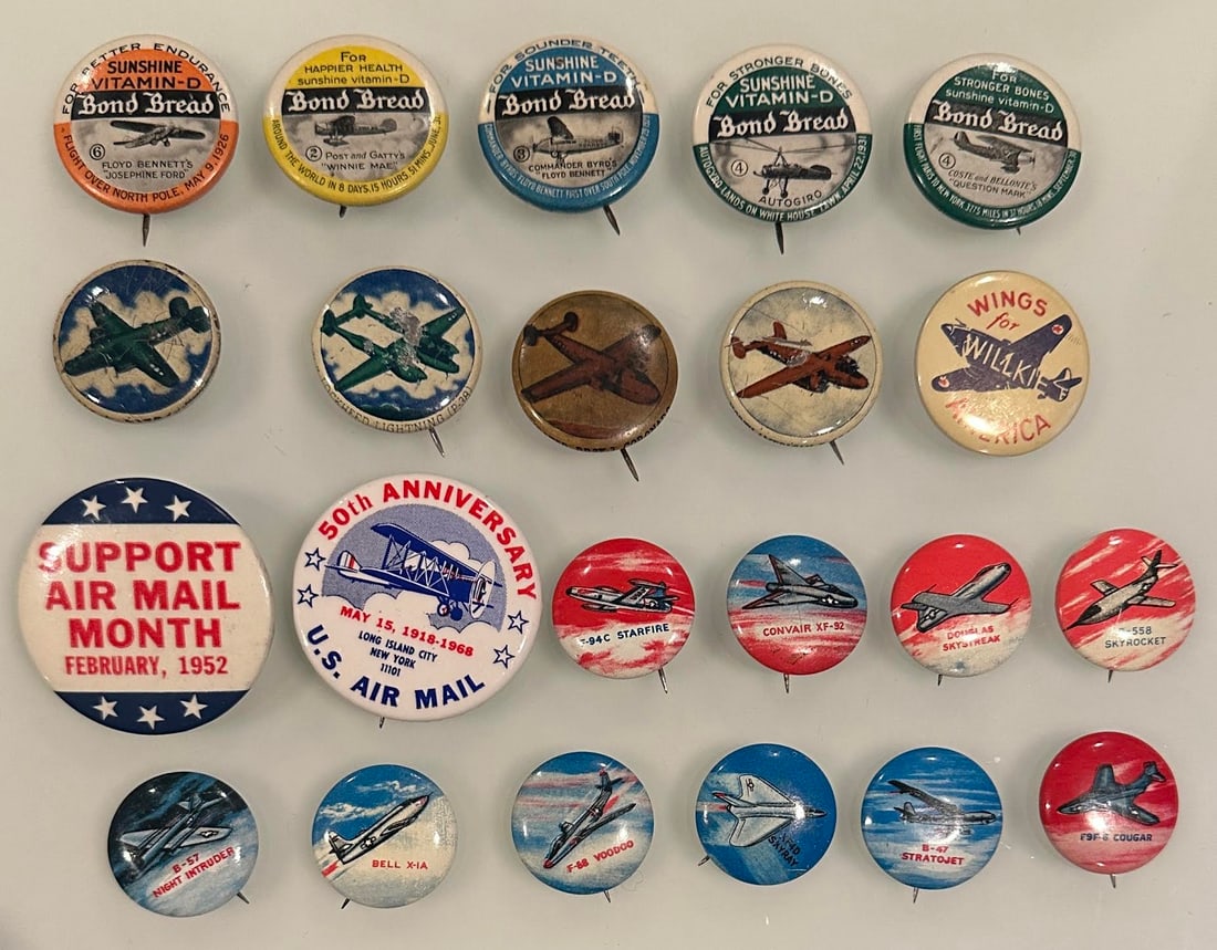 Lot of 22 Vintage Aviation Airplane Pinbacks Buttons Bond Bread & Others (1 of 4)