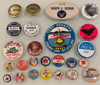 Lot of 25 Antique Vintage Buttons Pinbacks Military Racing Advertising