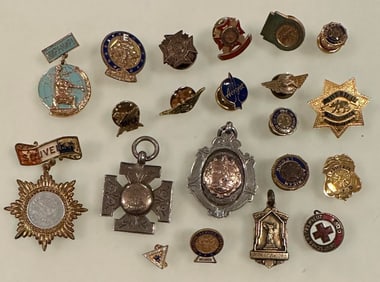 21 Antique Vintage Gold Filled Pins Medals Sheriff Athletics Aviation