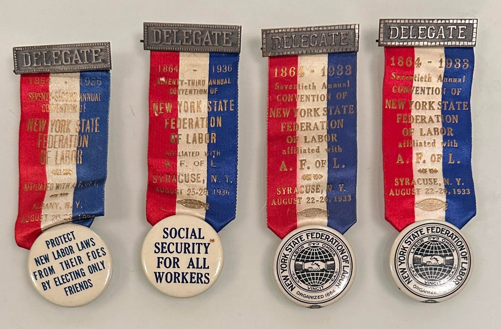 4 Antique 1930s New York Federation of Labor Delegate Union Button Ribbons: This is for 4 Antique 1930s New York Federation of Labor Delegate Union Button Ribbons…They are from 1933 , 1935,and 1936 Conventions…They measure 4.5 inches long with the buttons measuring 1.5 in