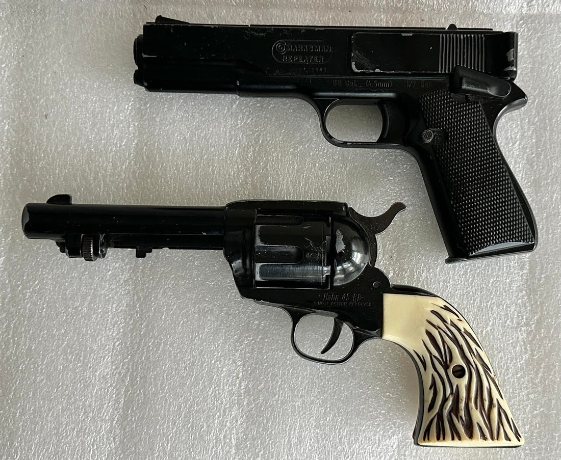 Vintage Lot of 2 Pellet Gun BB Pistols Marksman and Hahn 45: Vintage Lot of 2 Pellet Gun BB Pistols...Marksman Repeater and a Hahn 45 Revolver...Good Condition with use wear.