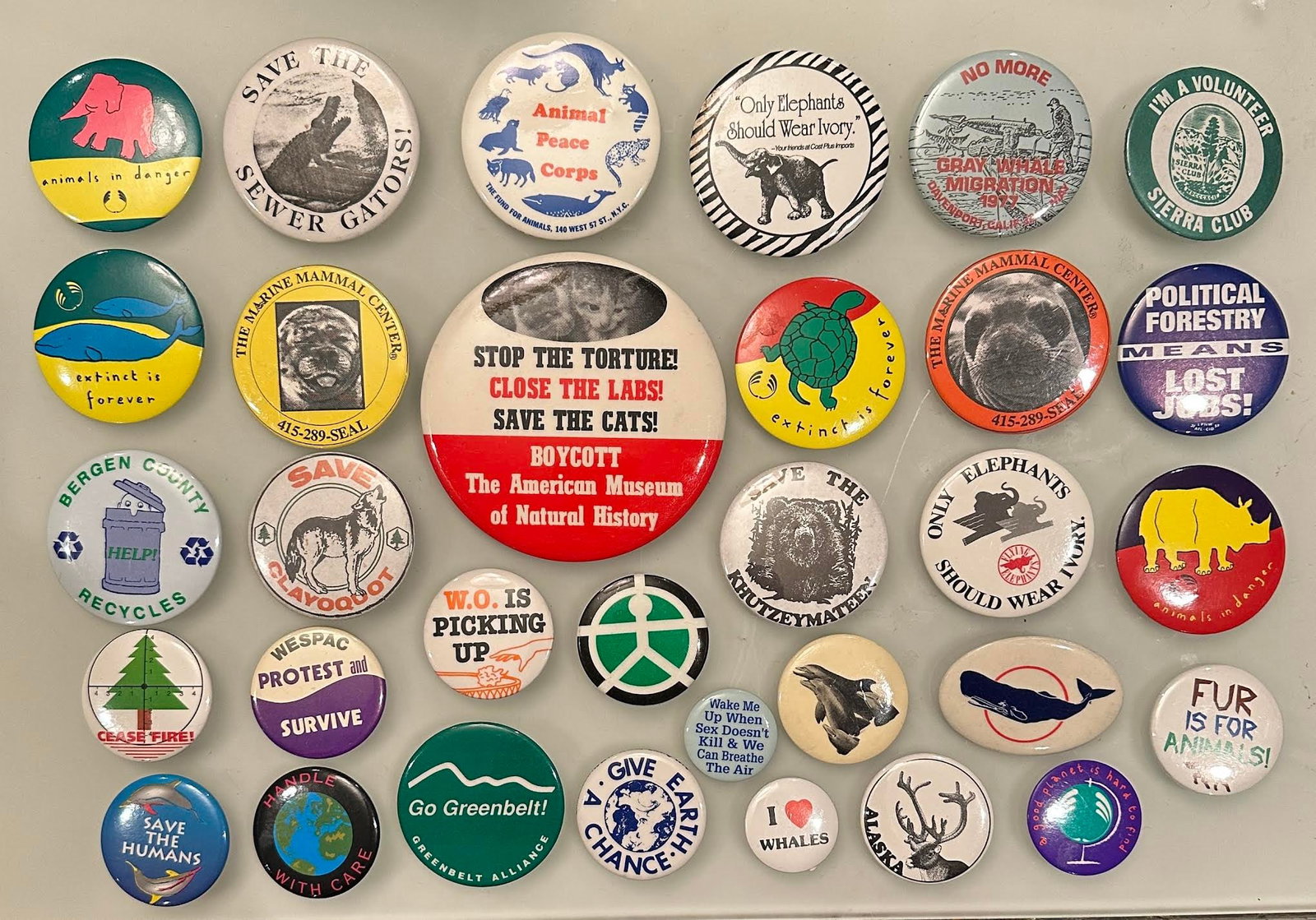 Lot of 32 Vintage Environmental Animal Earth Buttons Pinbacks: Lot of 32 Vintage Environmental Animal Earth Buttons Pinbacks...Largest measures 3 1/2 inches diameter...Good Condition.