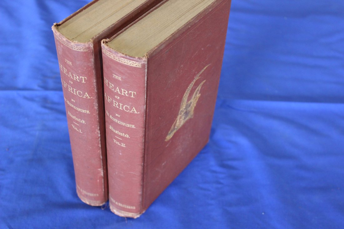 The Heart of Africa, both vols. Schweinfurth, Dr. Georg, New York, 1874. Harper and Brothers.: Heart of Africa, two vols., vol. 1 has 559 pages; vol. 2, 521 pages. Cloth cover with embossed gold lettering on binder, and wildlife design on cover. Binding has slight wear at bottom. Pages have sli
