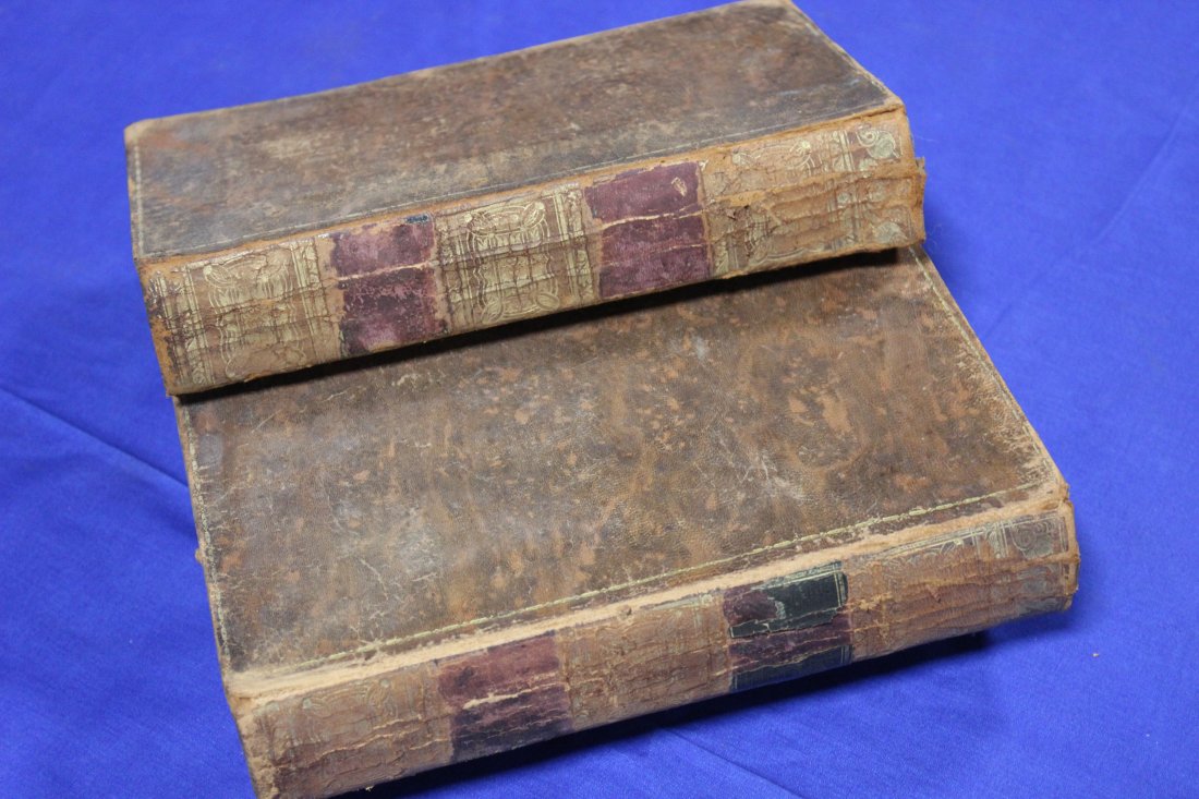 History of the War of Independence, Vols. I and II, Botta, Charles; New Haven, 1838. Eighth Ed. Vo: Leather bound with gilt decorations on binding; title can no longer be discerned. 5-1/2” x 9” Significant fraying of leather on binding; and minimal separation from spline. Minimal foxing,