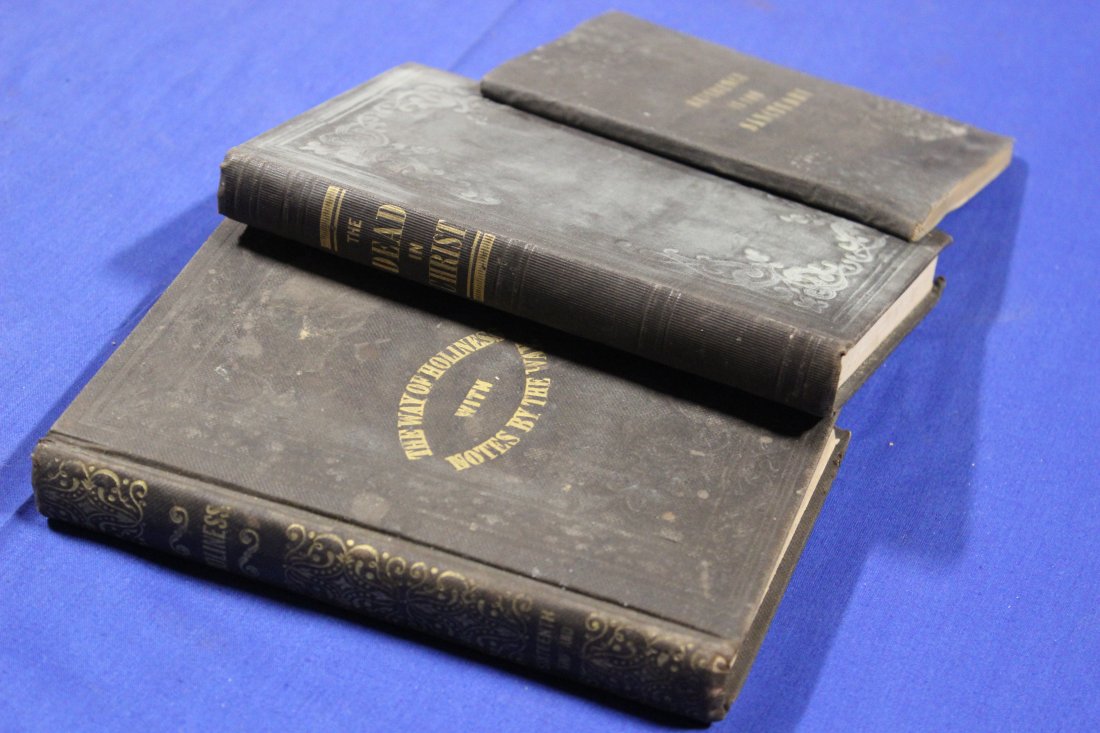 3 Religious Books, McCullough, J. W., 1845, Palmer, Mrs. Phoebe ‘48, Layman, A. ‘54.: 1845, ‘48, ‘54, All cloth covers with gilt titles and decoration, 2 of the 3 are embossed. All have some foxing. Covers a bit worn but otherwise good condition.