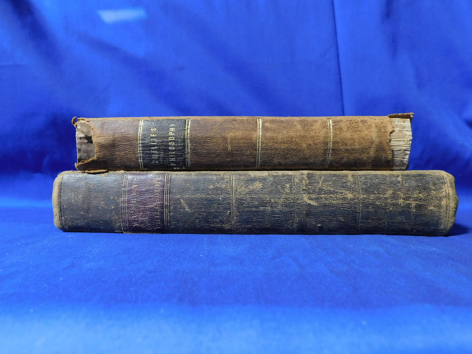 2 Books on Philosophy: Philosophy of Natural History, Smellie, William, 1843. Wesley’s Philosophy, Wesley, John, 1816. Both leather bound with worn covers, pages in good shape though stained and with foxing and minima