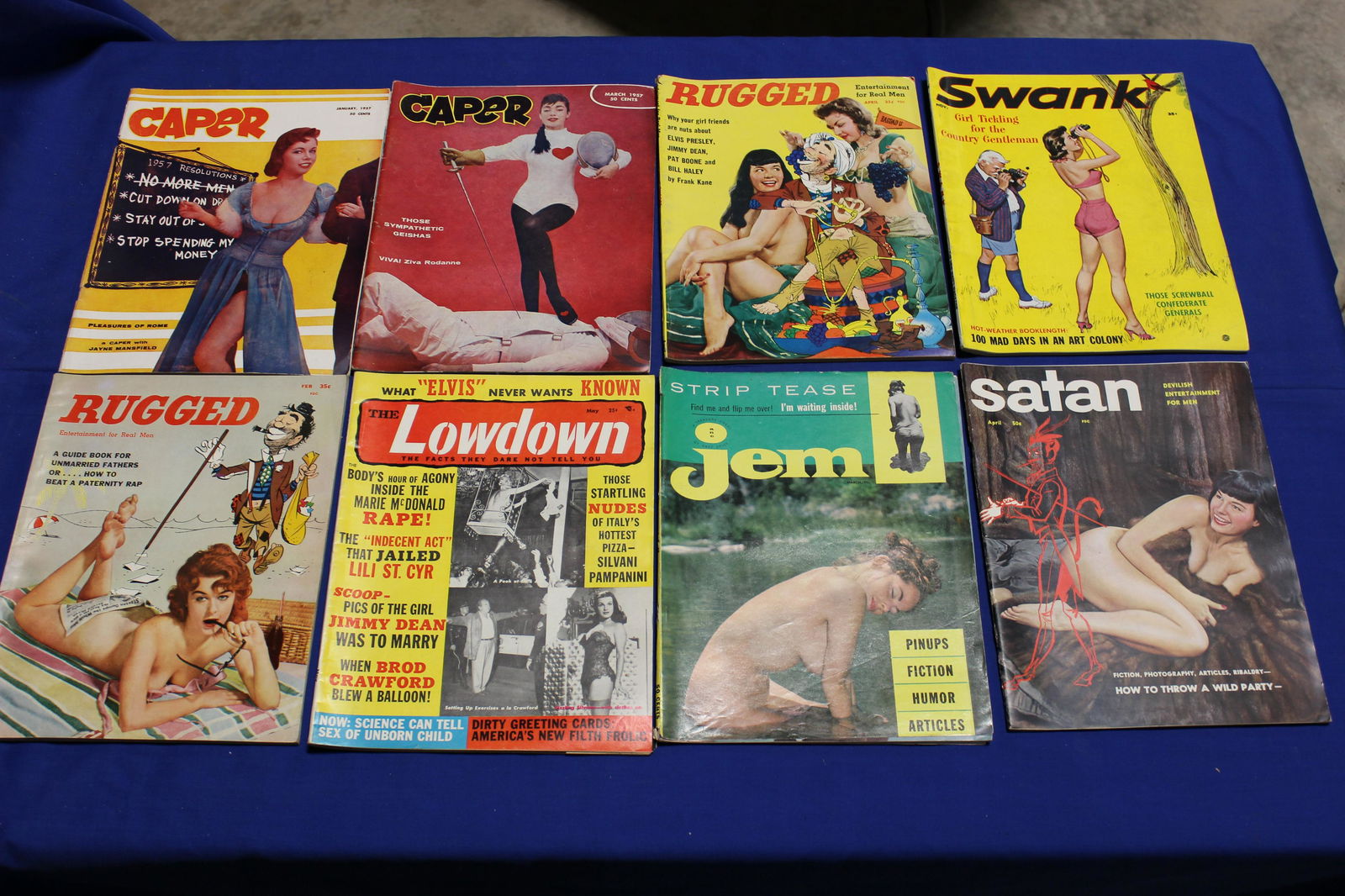 8 1950â€™s Adult Entertainment Magazines, Swank, Rugged, Jem, The Lowdown, Satan, Caper. (1 of 3)