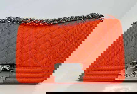 Chanel Handbag: Chanel Handbag Small Boy Bag Caviar Leather, Neon Orange, Silver Hardware, New Condition, Comes With Authenticity Card, Dust cover. Authenticity Guaranteed