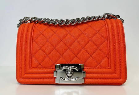 Chanel Handbag: Chanel Handbag Small Boy Bag Caviar Leather, Neon Orange, Silver Hardware, New Condition, Comes With Authenticity Card, Dust cover. Authenticity Guaranteed 