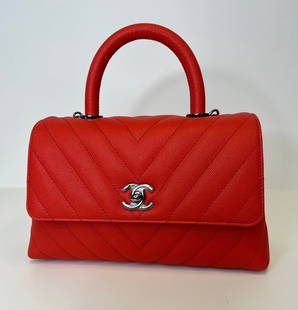 Chanel Handbag: Chanel Handbag "Coco Handle" Size Small, Red Caviar, Chevron, Dark Silver Hardware, Comes With Strap (9inWx4inDx6inH dimensions not including the handle)New Condition, Comes With Authenticity Card,