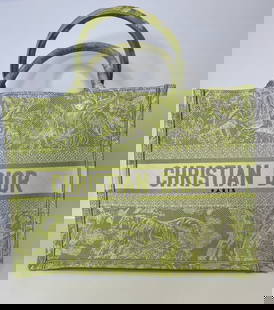 Dior Handbag: Christian Dior Book Tote In Lime, Signature Embroidery (14.25inWx10.25inHx5.25inD) New Condition, Authenticity Guaranteed