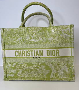 Dior Handbag: Christian Dior Book Tote In Lime, Signature Embroidery (14.25inWx10.25inHx5.25inD) New Condition, Authenticity Guaranteed