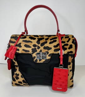 Prada Handbag: Prada Tessuto Cavallino Ostrich Leopard Print Tote Black Miele Rosso (10inWx9inH) Used Condition, Authenticity Guaranteed