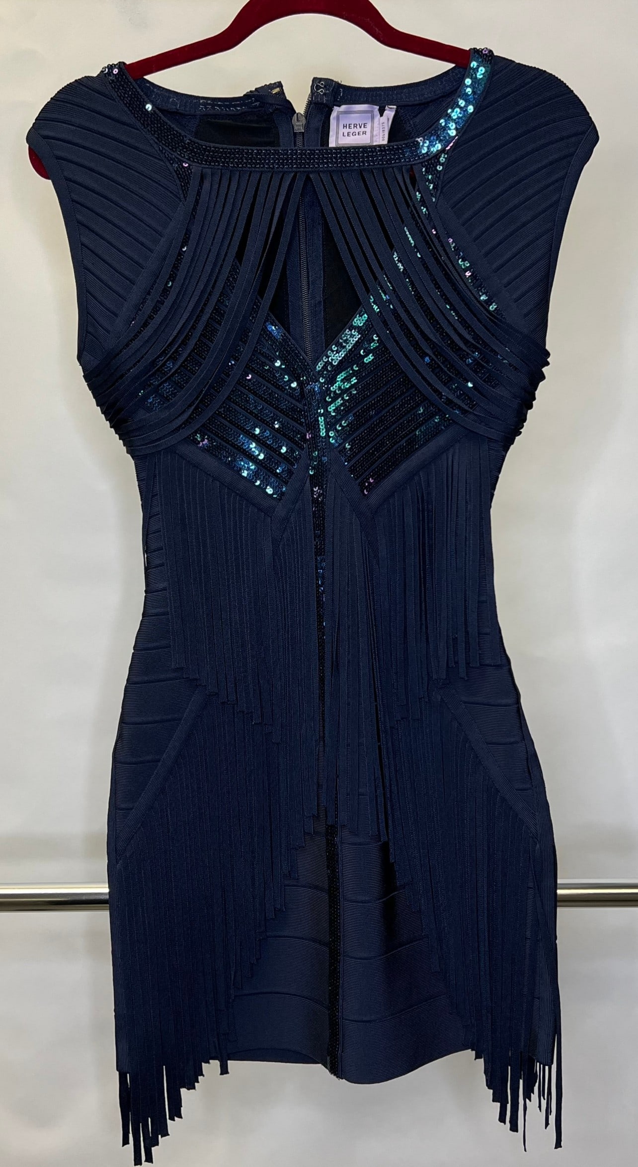 Herve Leger Clothing : Herve Leger Navy Dress with Fringe Detail Size Large, Good Condition, Authenticity Guaranteed 