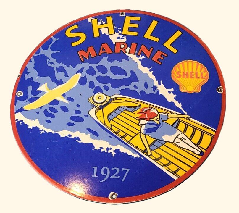Antique Shell Petrol Enamel Marine Fuel Pump Logo: This vintage Shell Gasoline porcelain sign is a rare find for collectors of gas station memorabilia. Reproduction. Featuring the iconic Shell logo, this sign is a classic piece of Americana that's sur