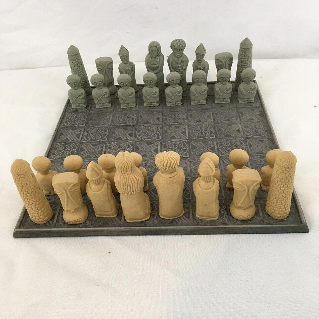 Unique Hand Carved Stone Celtic Antique Chess Set: This unique vintage Killyliss Chess Set by Glens of Antrim from Ireland. Measures 12.8" W x 12.8" H (inches). This chess set is hand crafted in limestone in Celtic style. Lot in a great condition.