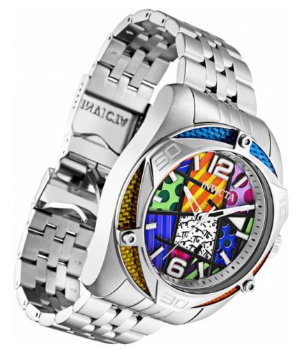 Unique Stainless Pop Art Quartz Watch Romero Britto: Unique Quartz Watch Pop Art is collaboration between Invicta and Romero Britto. This men's wristwatch is made stainless steel, silver tone and carbon fiber. Case measurements 1.97" (inches), thickness
